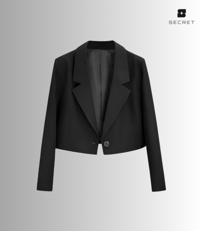 Alt Text: Women's solid color long sleeve suit jacket with turn-down collar, made from spandex fabric.