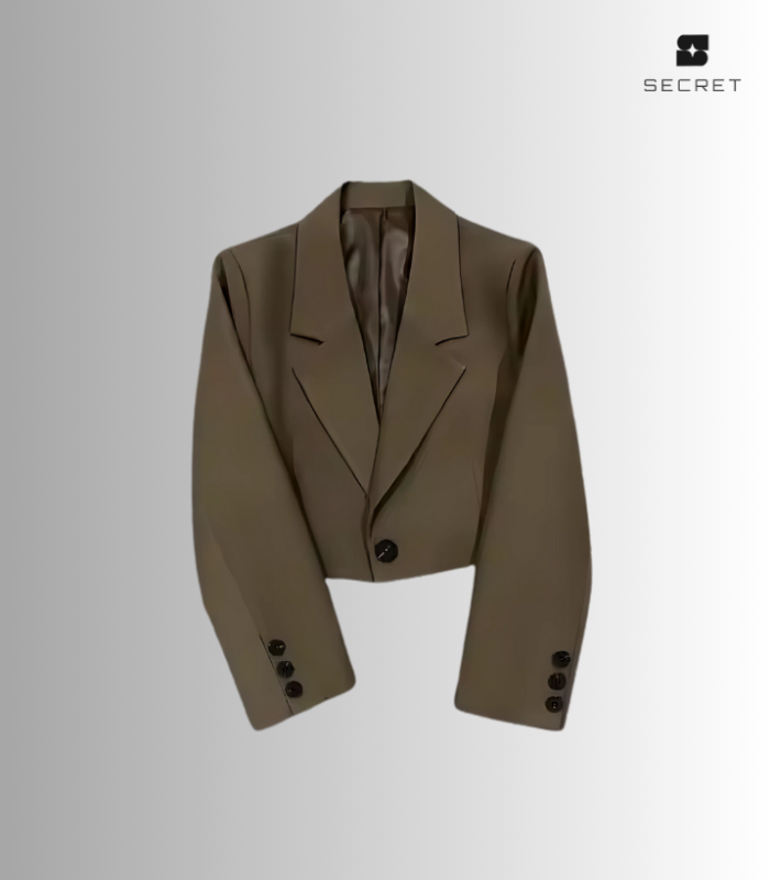 Alt Text: Women's solid color long sleeve suit jacket with turn-down collar, made from spandex fabric.