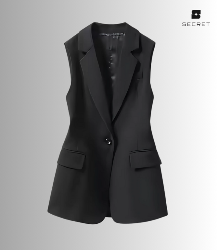 Alt Text: Stylish women's black suit vest – velour fabric, sleeveless outerwear for business, casual, and formal wear.